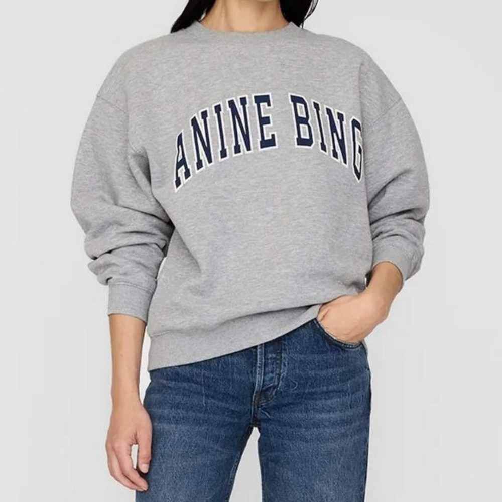 Anine Bing Spencer Sweatshirt Crewneck Heather Grey Navy Boxy Size Large
